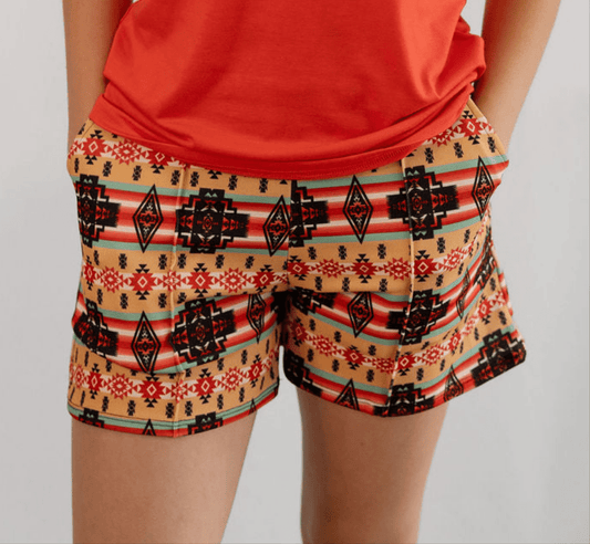 Tan Aztec Printed Crease Detail Shorts