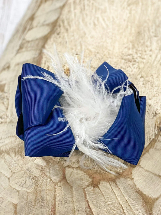 Texas Size Navy & White Feather Puff Hair Bow