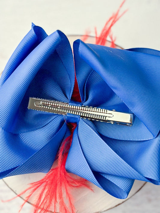 Texas Size Royal Blue & Red Feather Puff Hair Bow
