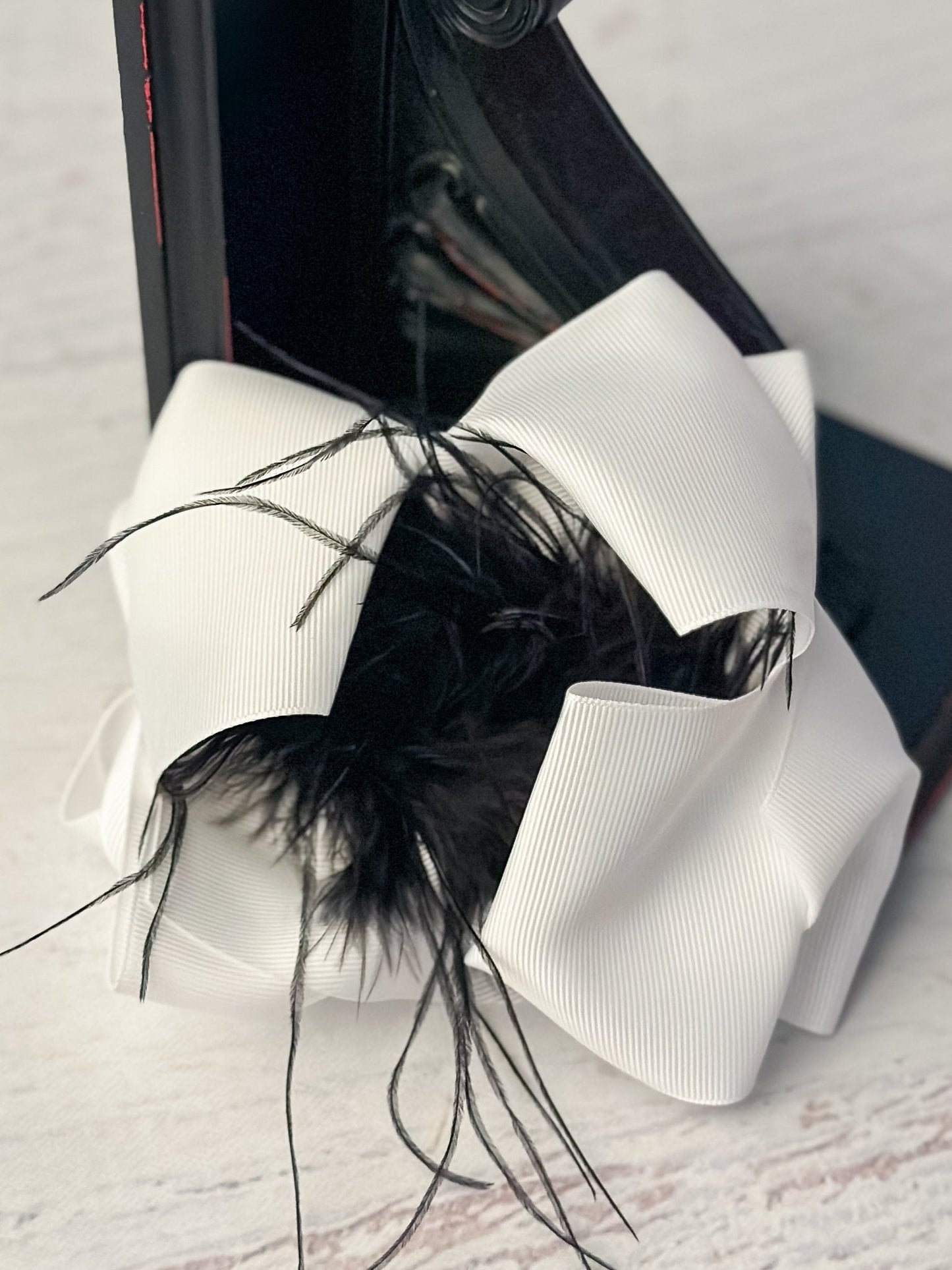 Texas Size White & Black Feather Puff Hair Bow