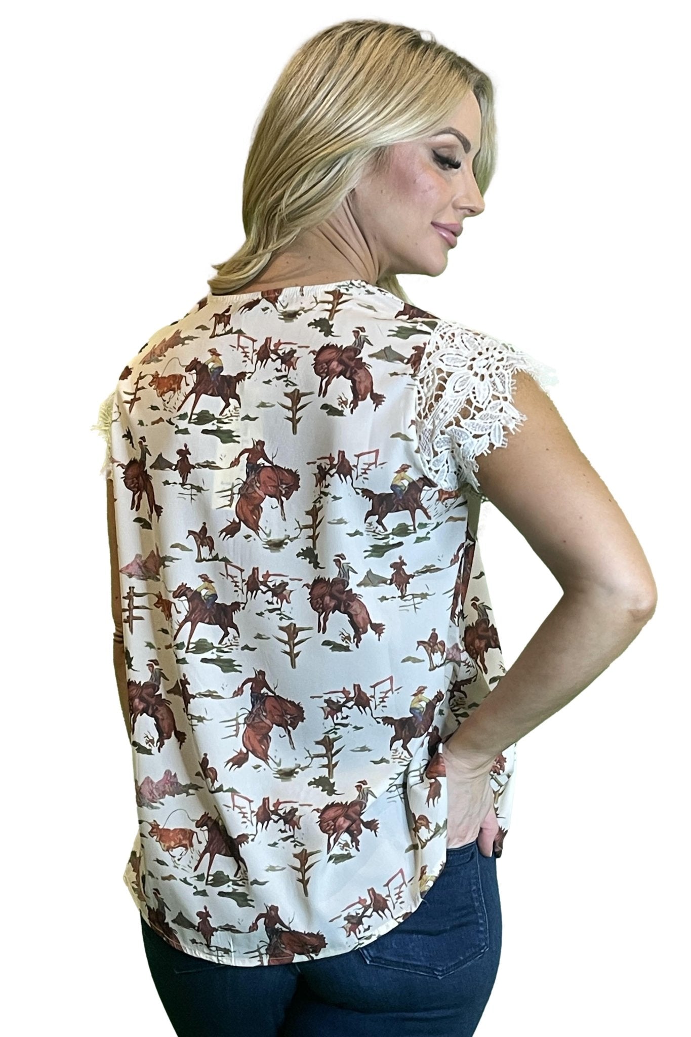 The Round Up Lace Trim Top - small remaining.