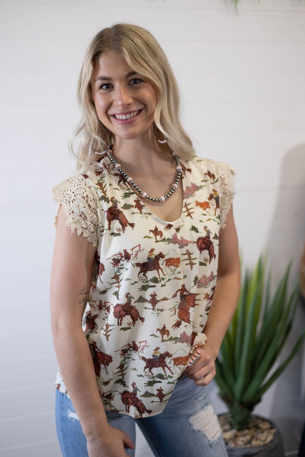 The Round Up Lace Trim Top - small remaining.