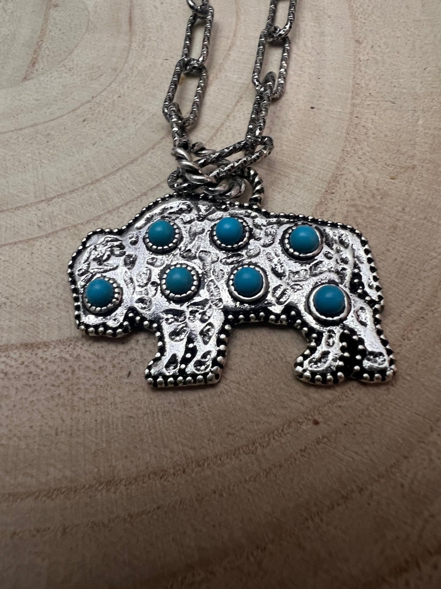Western Buffalo and Faux Turquoise Necklace - 18 inch + 3