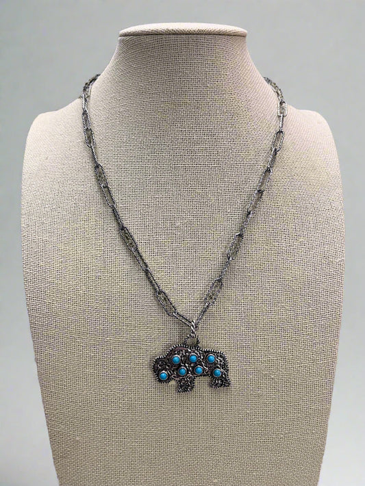 Western Buffalo and Faux Turquoise Necklace - 18 inch + 3