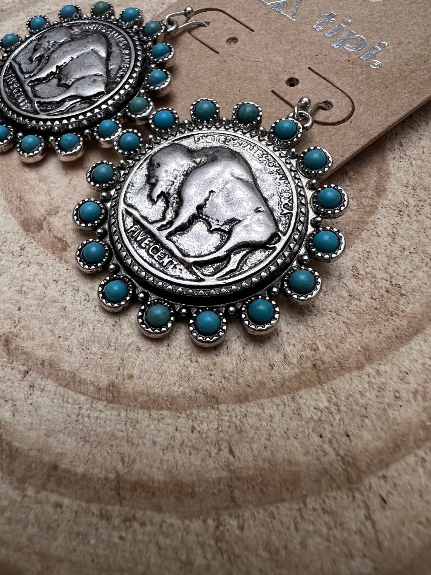 Western Buffalo Coin and Faux Turquoise Dangle Earrings