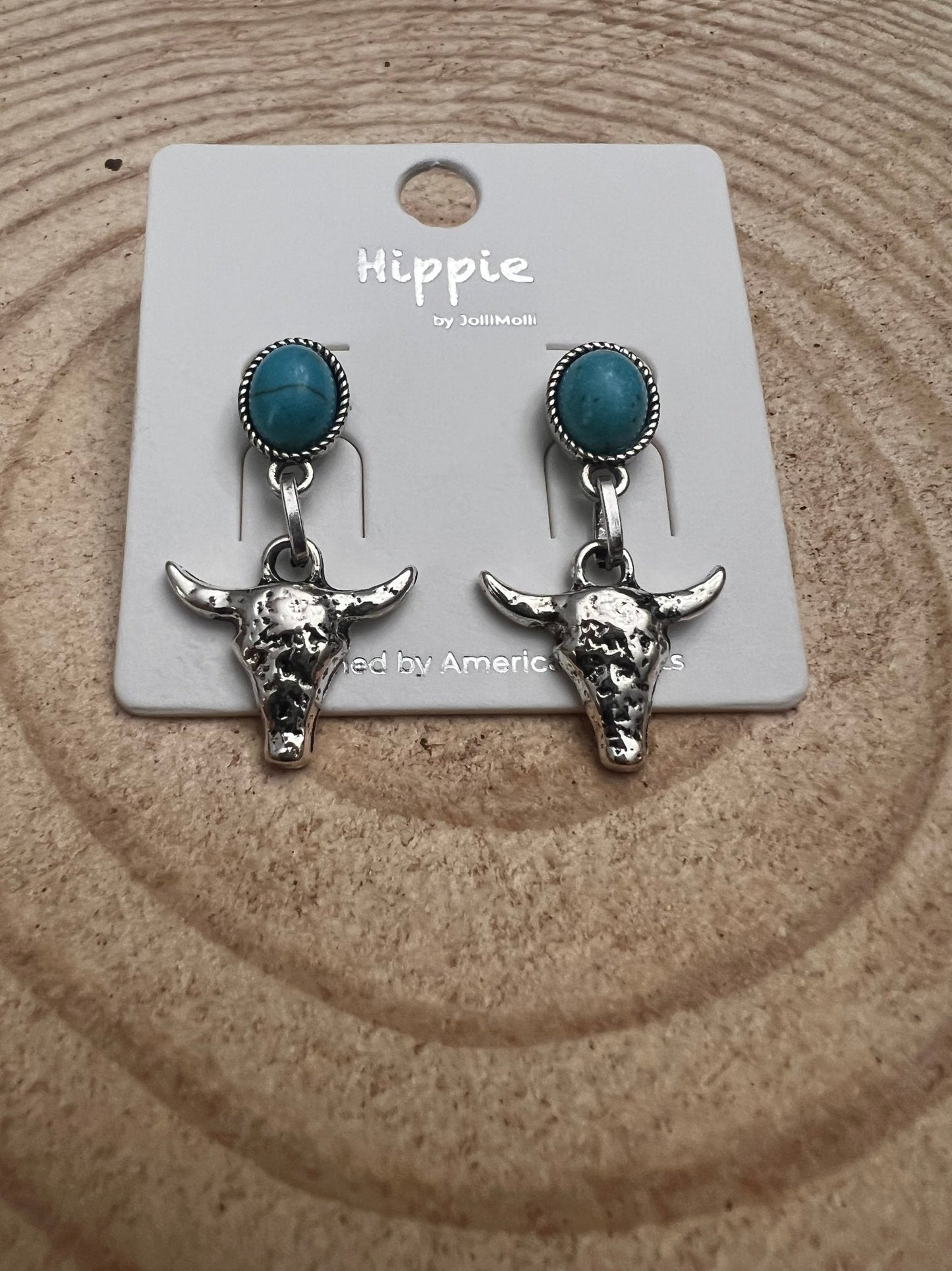 Western Bull Skull Dangle Earrings with Faux Turquoise - 1 1/2 inch drop