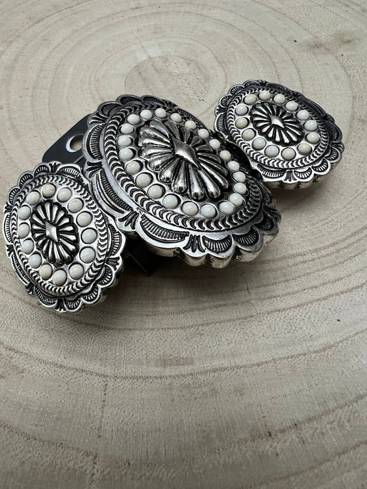 Western Concho and White Stone Faux Wide Statement Stretch Bracelet