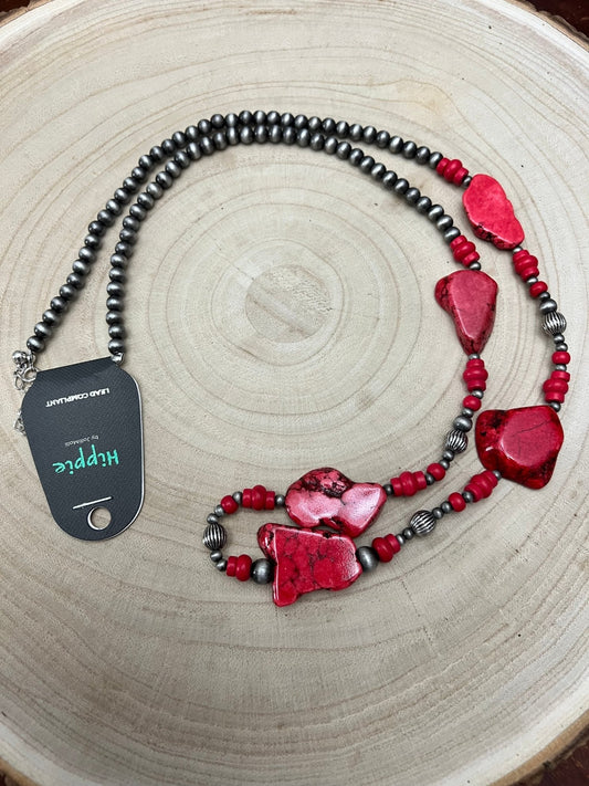 Western Faux Pearl Statement Necklace with Red Stone - 32 inch