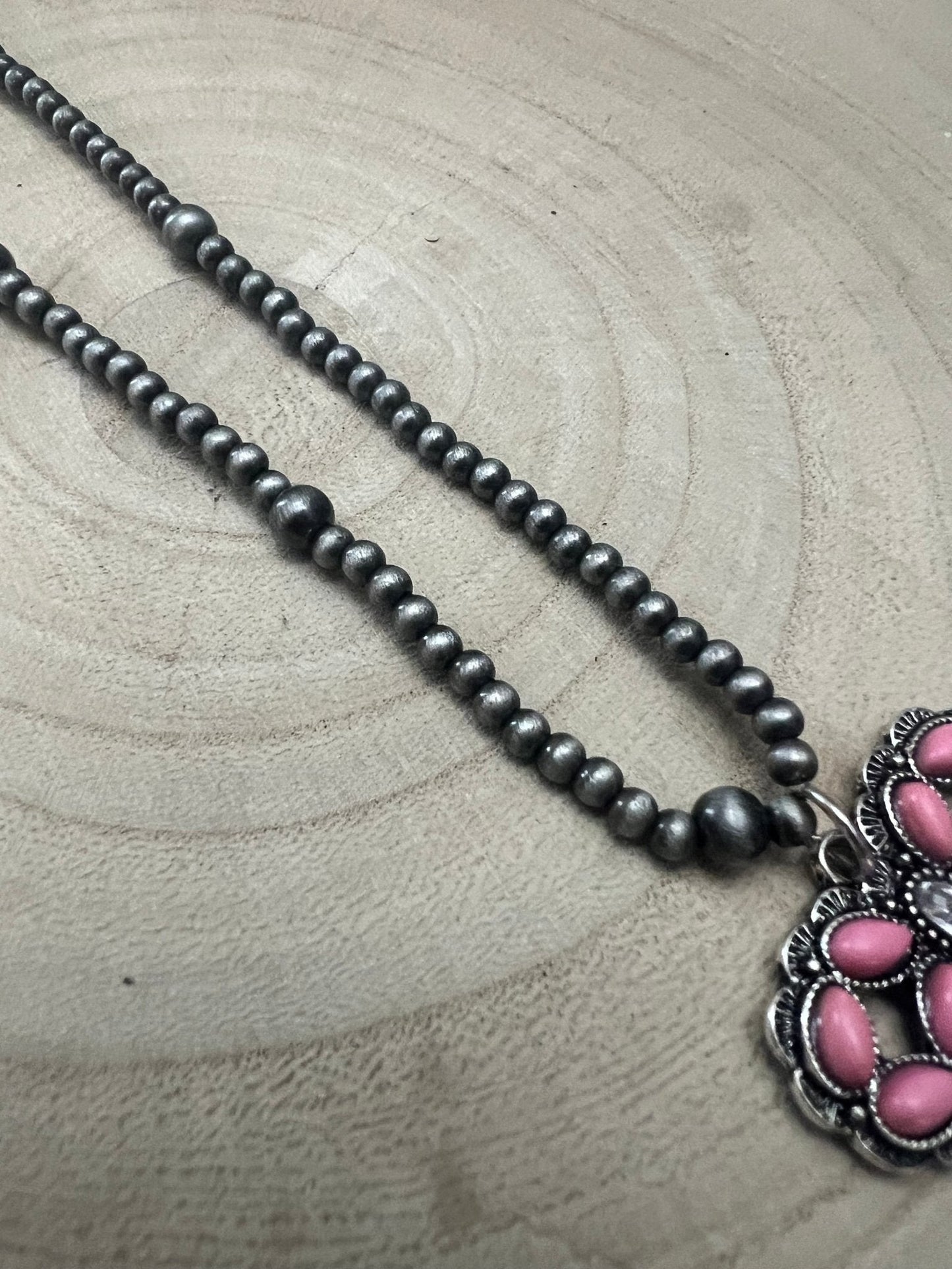 Western Pink Bow and Faux Pearls Necklace - 18 inch +3