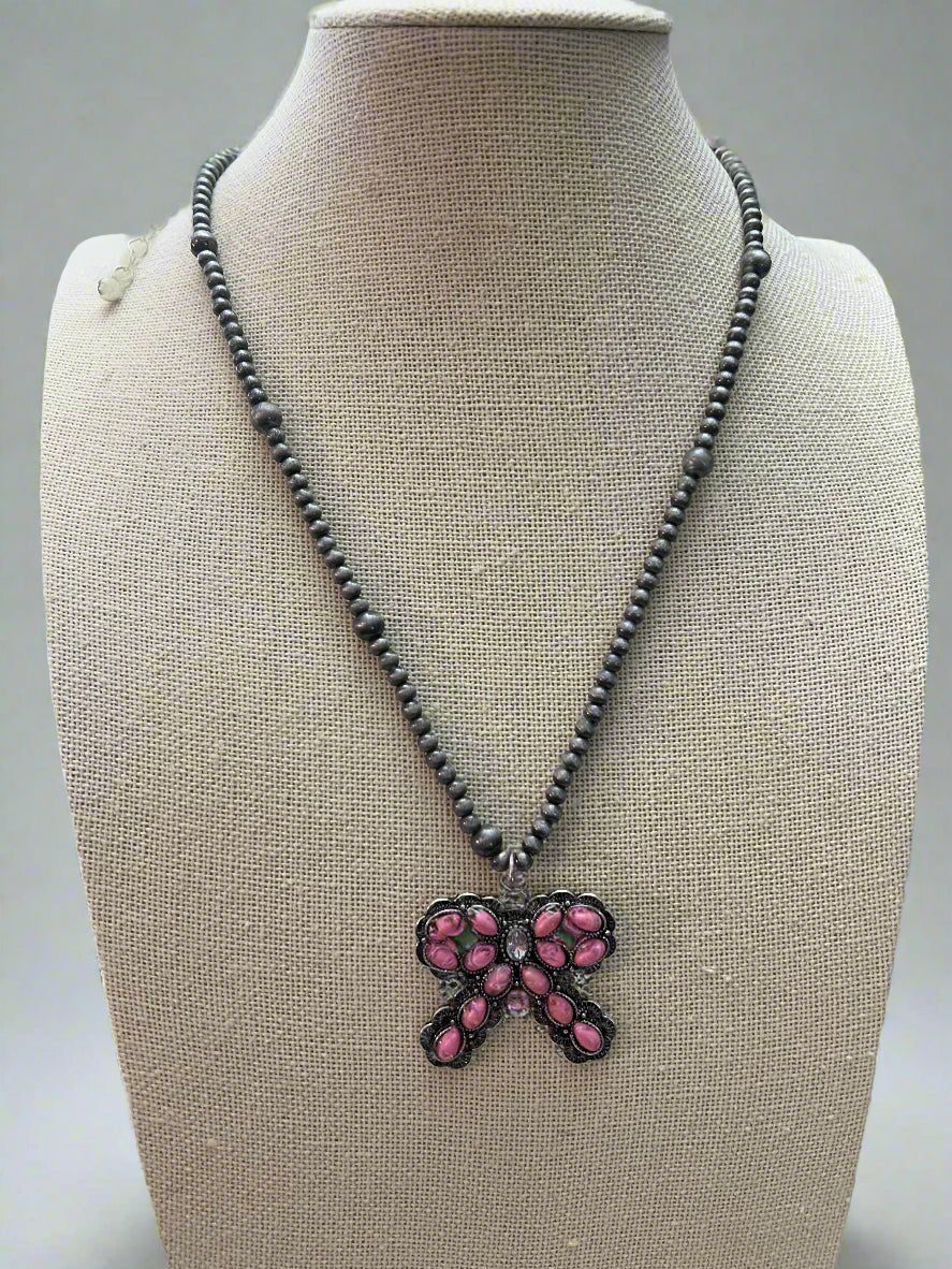 Western Pink Bow and Faux Pearls Necklace - 18 inch +3