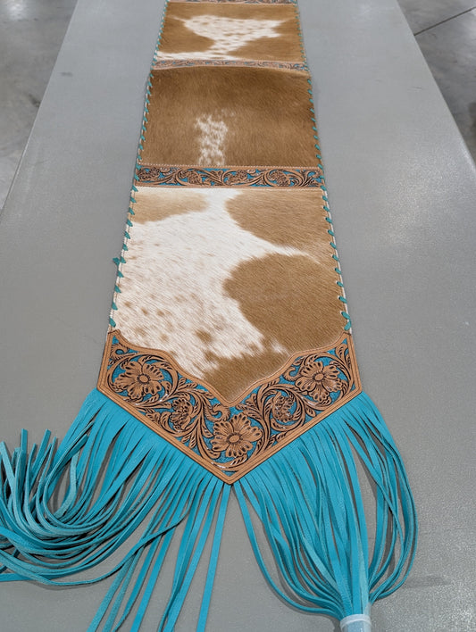 6ft Genuine Cowhide Table Runner – Tooled Leather Ends & Teal Fringe