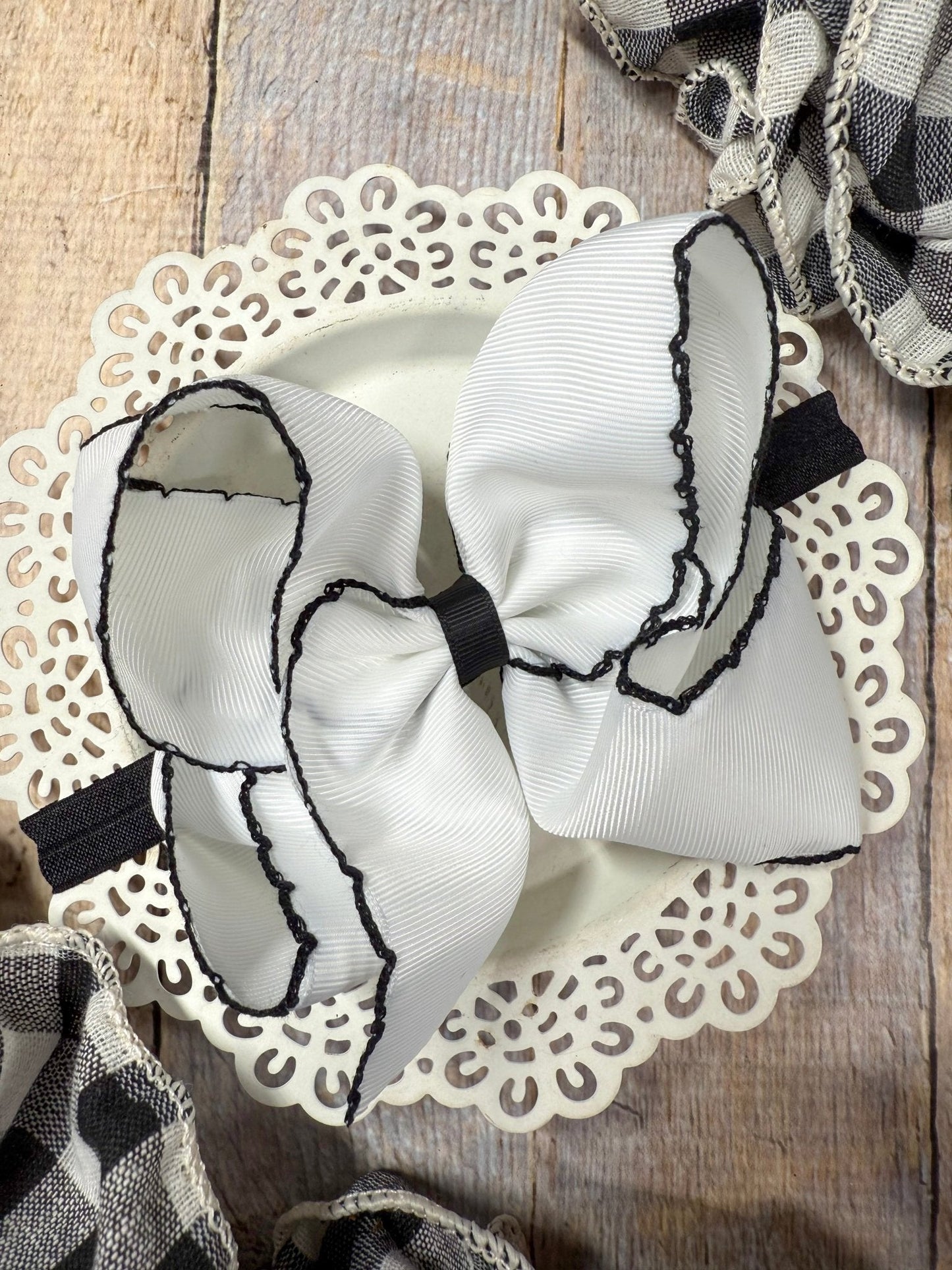 White with Black Moonstitch Bow Headband