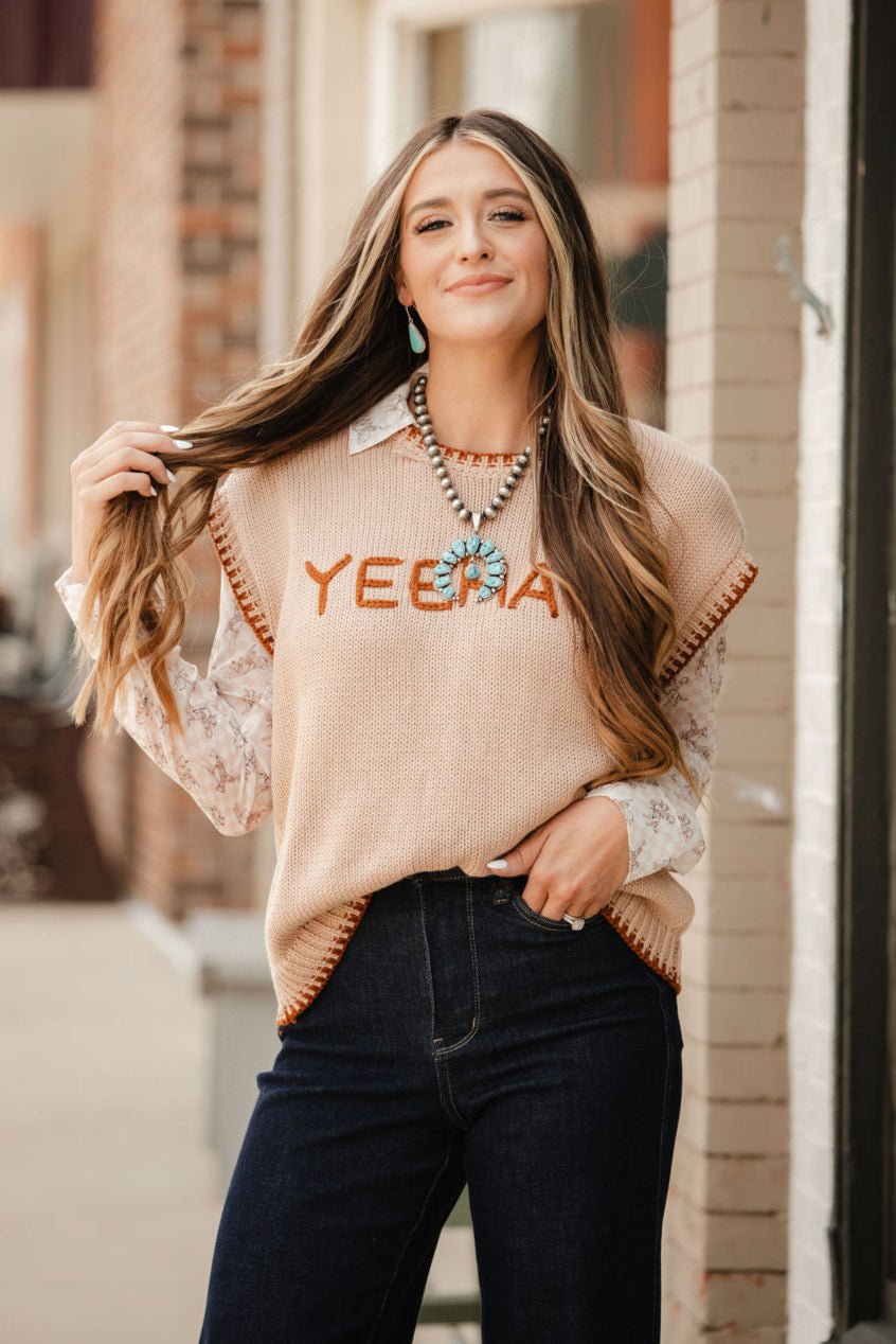 'YEEHAW' Contrast Stitched Sweater - large remaining