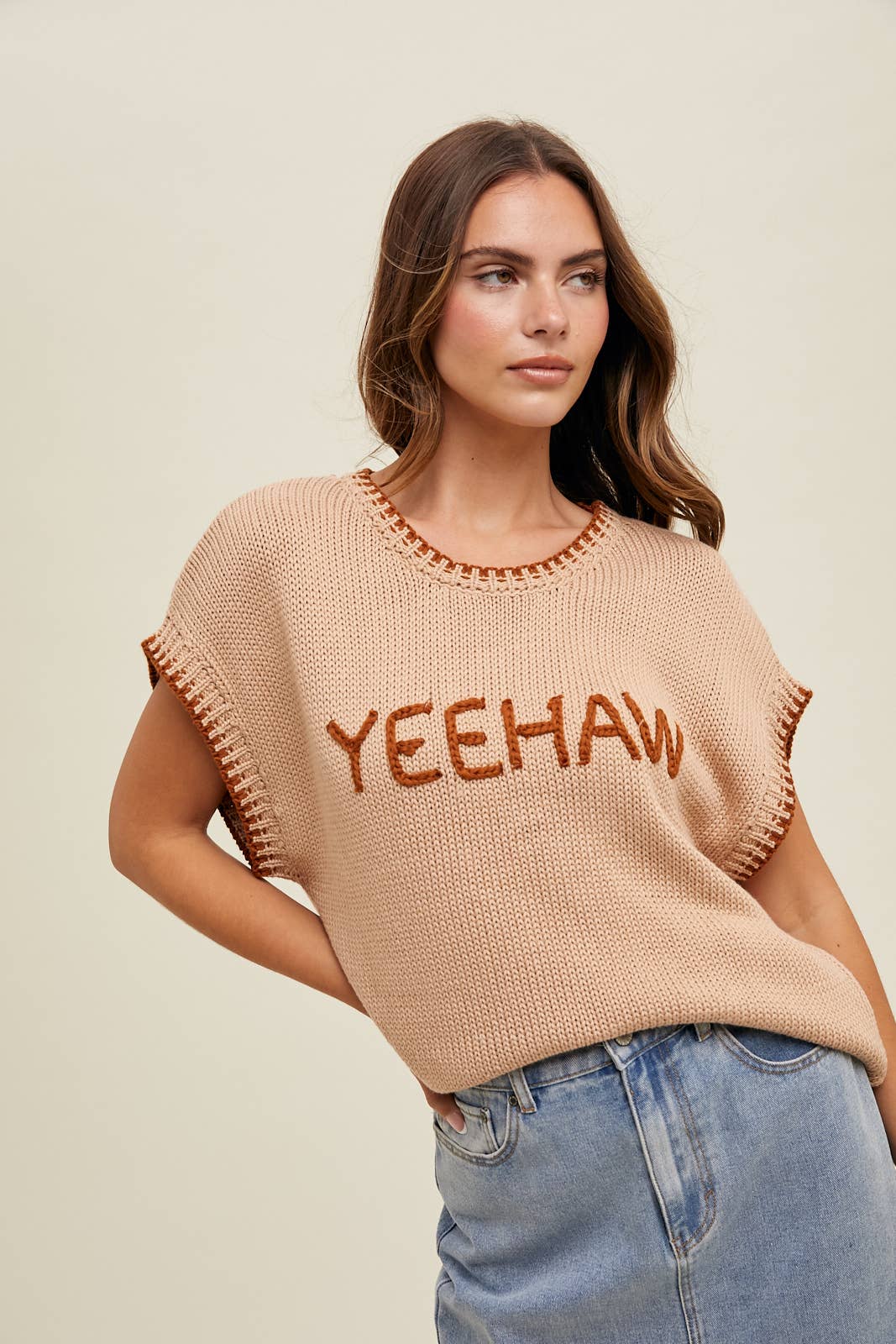 'YEEHAW' Contrast Stitched Sweater - large remaining